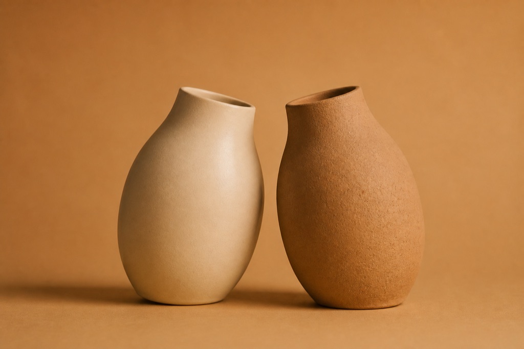 Dois vasos de cerâmica fosca inclinados um para o outro sobre fundo ocre quente; um esmaltado e outro de argila crua