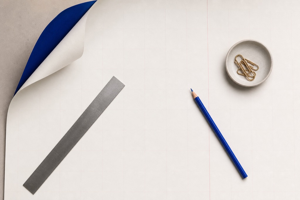 Mesa de desenho vista de cima: papel com uma grade vermelha sutil, régua de aço, lápis ultramarino e clipes de latão