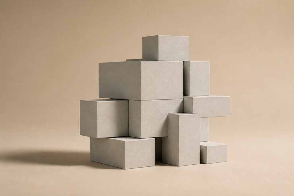 Cubos de cerâmica fosca encaixados como contêineres modulares sobre fundo areia